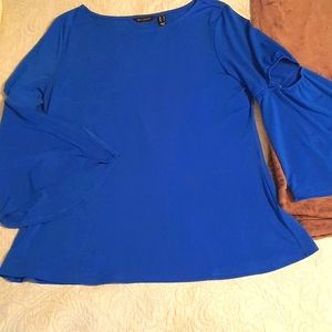 HALSTON silky knit swing top. bell sleeve peek a boo cut out blouse